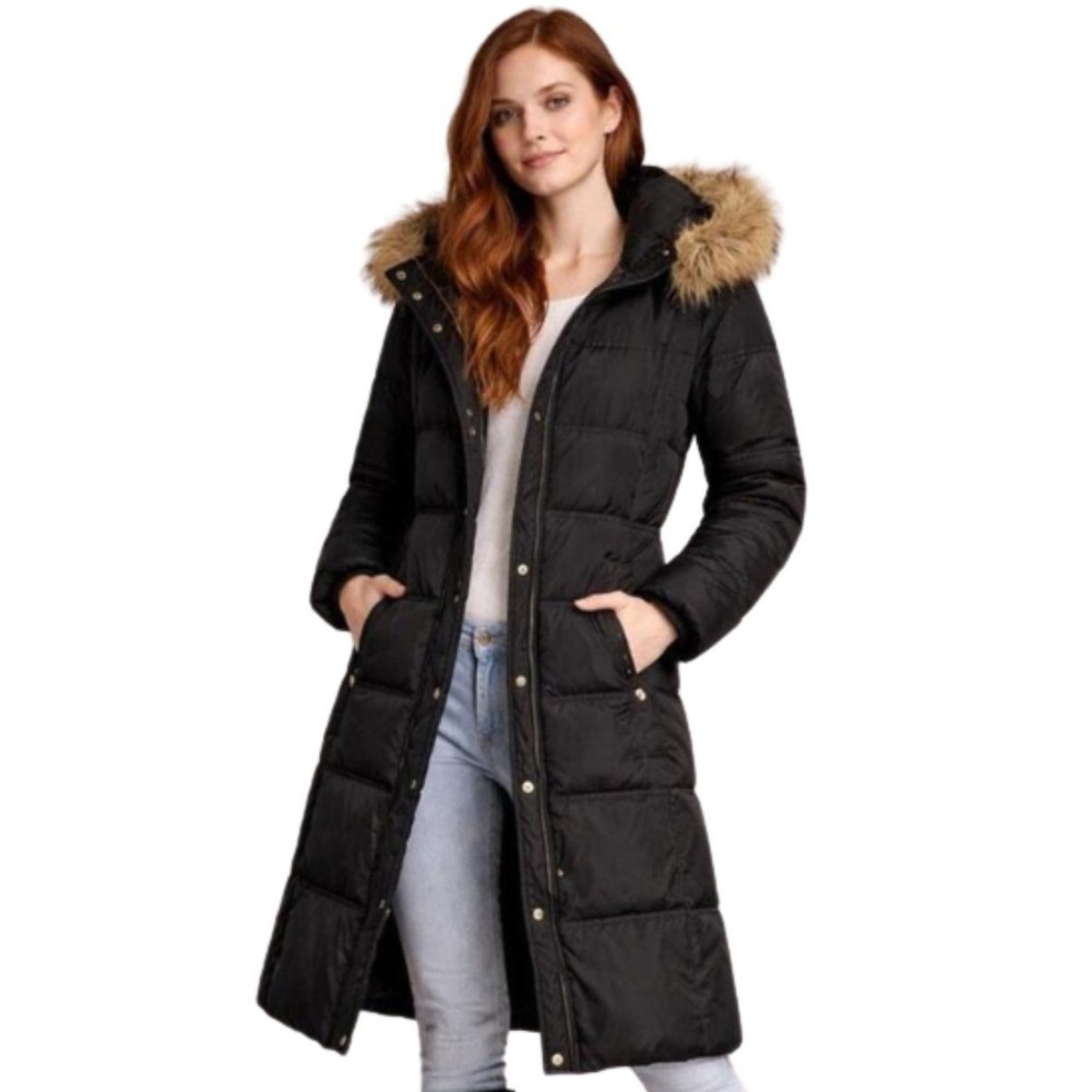 Michael Michael Kors Black Down Puffer Coat Faux Fur Hood Long Winter Jacket